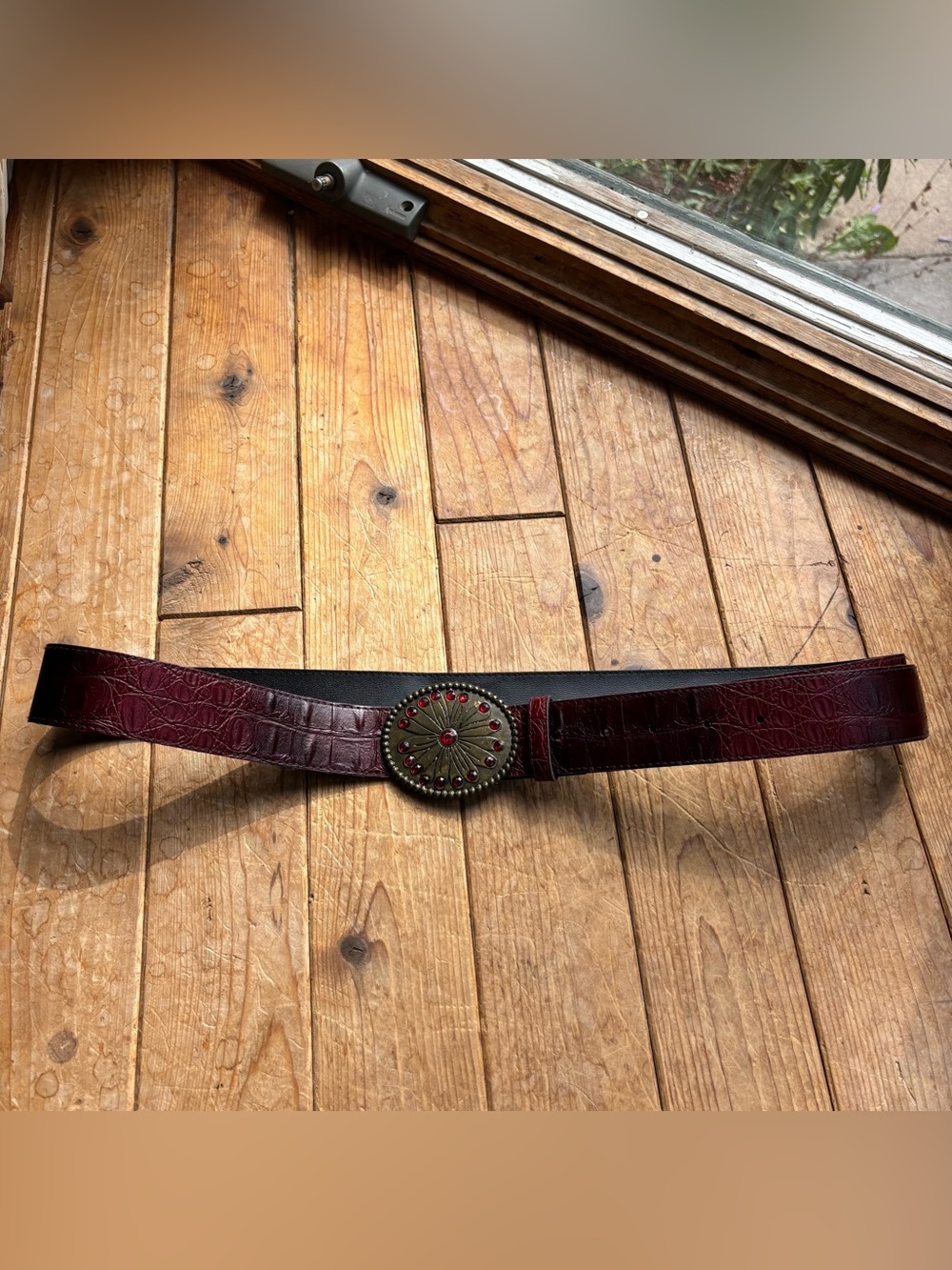 Red Faux Leather Belt with Brass and Rhinestone Buckle